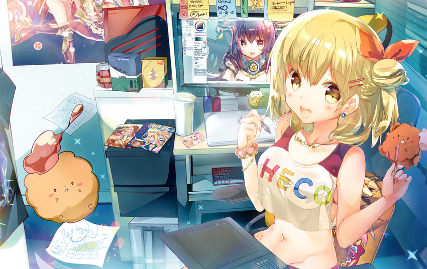 :d bangle bangs blonde_hair blush bottomless box bracelet breasts brown_hair chair clothes_writing computer creature crop_top crop_top_overhang cup cushion desk earrings eyebrows eyebrows_visible_through_hair fingernails groin hair_bun hair_ornament hair_ribbon hairclip heco_(mama) highres indoors jewelry kantai_collection keyboard_(computer) light_particles light_valkyrie_(p&amp;d) long_hair looking_at_viewer manga_(object) medium_breasts monitor nail_polish navel necklace office_chair open_mouth original painttool_sai paper photo_(object) pink_nails poster_(object) print_shirt puzzle_&amp;_dragons ribbon sakuya_(p&amp;d) scrunchie shirt short_hair sitting sleeveless smile sonia_(p&amp;d) sticky_note stud_earrings stylus tablet tamadra tank_top valkyrie_(p&amp;d) wrist_scrunchie yamato_(kantai_collection) yellow_eyes