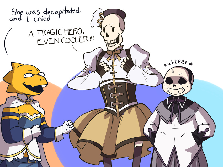 2boys akemi_homura akemi_homura_(cosplay) alphys buck_teeth cosplay english glasses hands_in_pockets mahou_shoujo_madoka_magica miki_sayaka miki_sayaka_(cosplay) multiple_boys papyrus_(undertale) sans sarcasticasides shaded_face spoilers sweat sweating_profusely tomoe_mami tomoe_mami_(cosplay) undertale