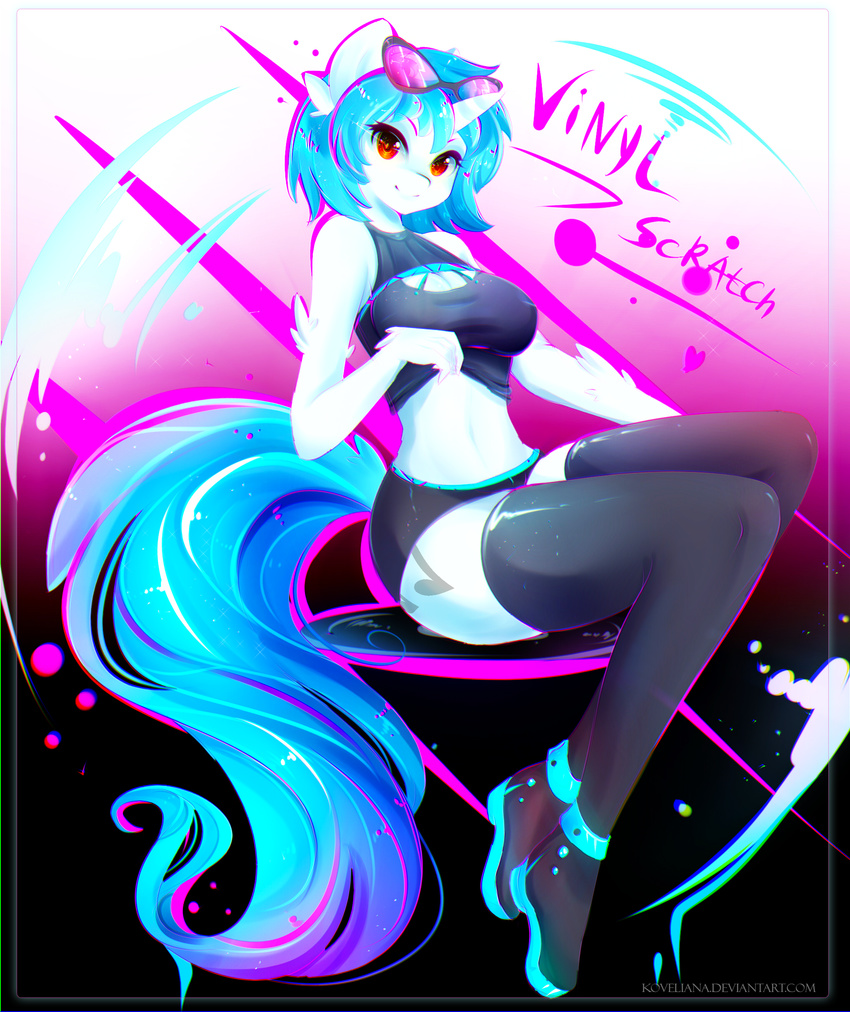 2016 absurd_res anthro anthrofied blue_hair boots breasts cleavage clothed clothing cutie_mark equine eyewear female footwear friendship_is_magic glasses hair hi_res horn koveliana legwear looking_at_viewer mammal my_little_pony navel orange_eyes short_hair smile solo thigh_high_boots thigh_highs unicorn vinyl_scratch_(mlp) wide_hips