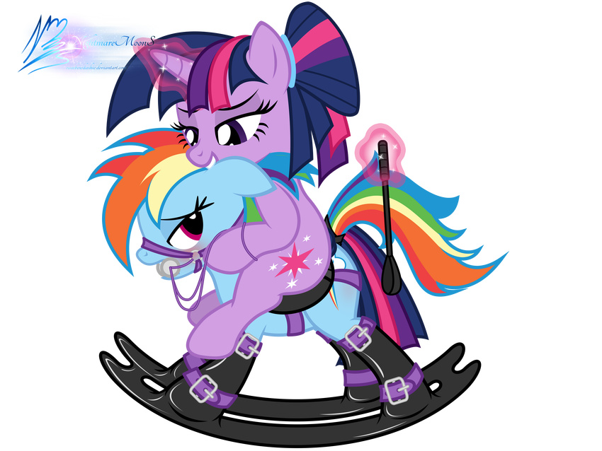 2014 absurd_res alpha_channel alternate_hairstyle bdsm blue_fur bondage bondage_furniture boots bound clothing cutie_mark duo equine female feral footwear friendship_is_magic fur gag hair half-closed_eyes hi_res horn magic mammal multicolored_hair my_little_pony nightmaremoons pegasus purple_fur rainbow_dash_(mlp) rainbow_hair riding_crop rocking_horse simple_background smile transparent_background twilight_sparkle_(mlp) unicorn whip wings