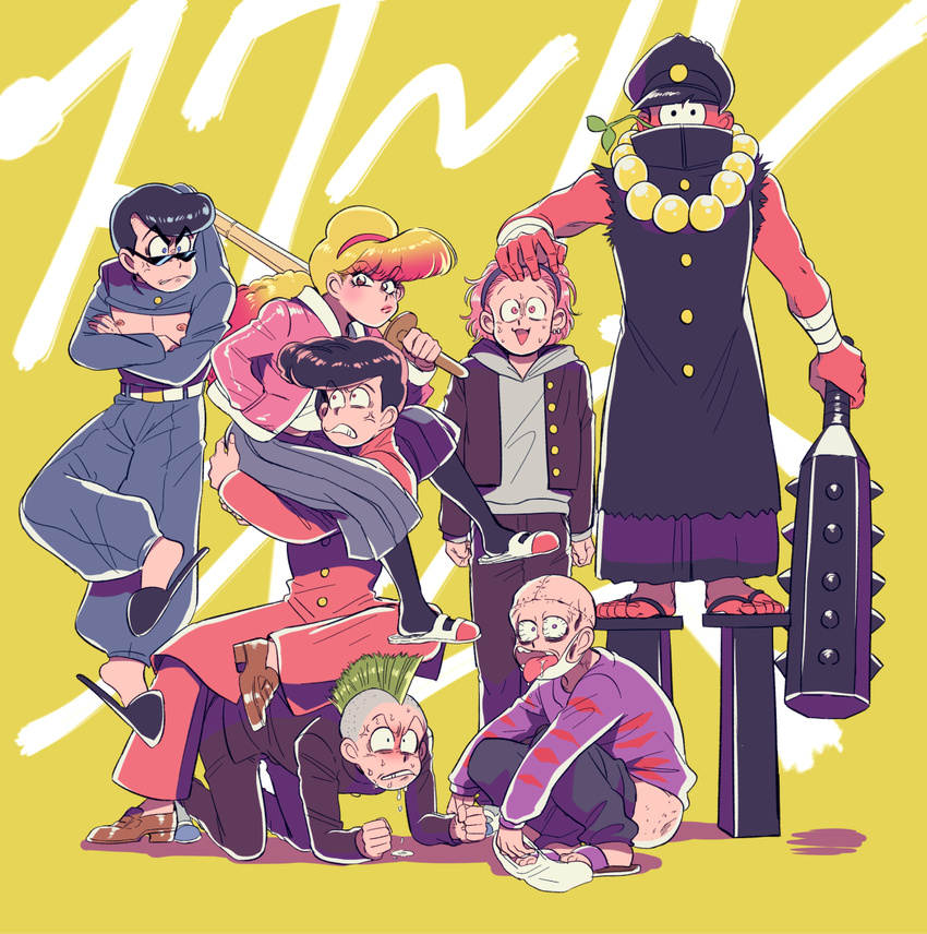 6+boys bag banchou beads black_hair blonde_hair broken_teeth brothers club crossed_arms delinquent flat_chest gakuran geta hairband hat high_collar highres hood hoodie human_chair human_furniture kanabou kendo long_hair matsuno_choromatsu matsuno_ichimatsu matsuno_juushimatsu matsuno_karamatsu matsuno_osomatsu matsuno_todomatsu mohawk multiple_boys nipples oniyama831 osomatsu-kun osomatsu-san peaked_cap pompadour prayer_beads red_skin school_uniform sextuplets shinai shoes shopping_bag siblings simple_background sitting sitting_on_person slippers squatting stitches straw_(stalk) sukeban sunglasses surgical_mask sweat sword tengu-geta uwabaki weapon yankee yellow_background yowai_totoko