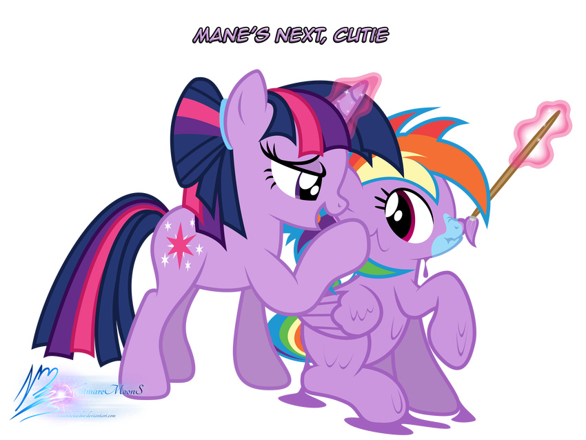 2014 absurd_res alpha_channel alternate_hairstyle blue_fur brush cutie_mark duo english_text equine eye_contact feathered_wings feathers female friendship_is_magic fur hair half-closed_eyes hi_res horn magic mammal multicolored_hair my_little_pony nightmaremoons paint pegasus purple_eyes purple_fur rainbow_dash_(mlp) rainbow_hair red_eyes simple_background smile text transparent_background twilight_sparkle_(mlp) unicorn wings