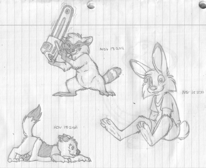 all_fours anthro barefoot bottomless brandishing buckteeth chainsaw clothed clothing cute_fangs featureless_crotch female front_view greyscale hi_res holding_object holding_weapon jake_cottontail lagomorph lined_paper looking_at_viewer mae_marten male mammal marten mizzyam monochrome multiple_images mustelid pencil_(artwork) rabbit raccoon semi-anthro shorts side_view sitting sketch smile smirk solo stalking standing teeth tools traditional_media_(artwork) vice_the_raccoon weapon