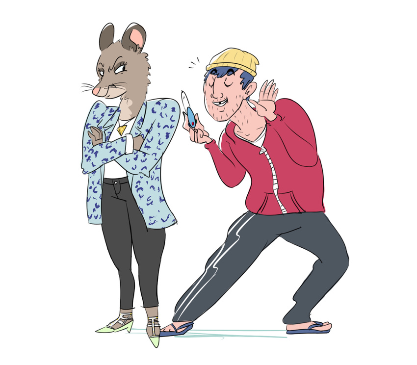 angry anthro bojack_horseman clothed clothing duo eyes_closed female gloating hat high_heels human jewelry male mammal mia_mckibben mouse necklace pen rodent simple_background todd_chavez yeahbeezii