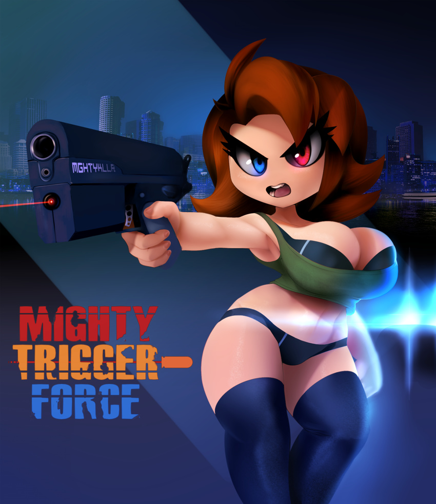 big_breasts bra breasts brown_hair cleavage clothed clothing female gun hair heterochromia hi_res legwear machine midriff mighty_switch_force navel not_furry panties patricia_wagon plantpenetrator ranged_weapon robot skimpy solo thick_thighs thigh_highs underwear voluptuous wayforward weapon wide_hips