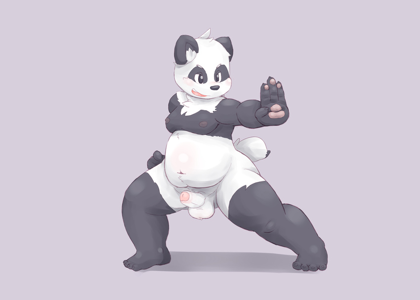 anthro balls barefoot bear cub erection fighting_stance hi_res humanoid_penis lambent male mammal moobs navel nipples nude open_mouth overweight panda partially_retracted_foreskin penis plantigrade solo uncut young