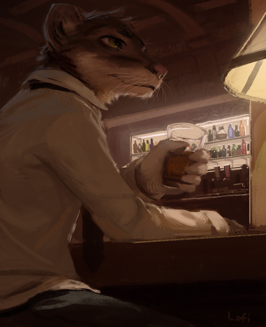 2016 5_fingers absurd_res alcohol anthro bar beverage clothed clothing cup detailed digital_media_(artwork) food hi_res holding_glass holding_object inside lamp lofi low-angle_view male mammal mustelid necktie pink_nose sitting slice_of_life smile solo weasel whiskers