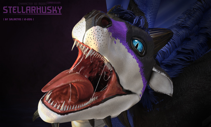 2015 black_fur blue_eyes blue_scales canine cgi claws close-up digital_media_(artwork) dog dragon drooling feral fur gaping gaping_mouth hair hi_res horn hybrid lizard male mammal model_sheet mouth_shot open_mouth pose purple_scales reptile salireths saliva scales scalie sharp_teeth simple_background solo standing stellarhusky teeth toe_claws tongue tongue_out white_scales wings