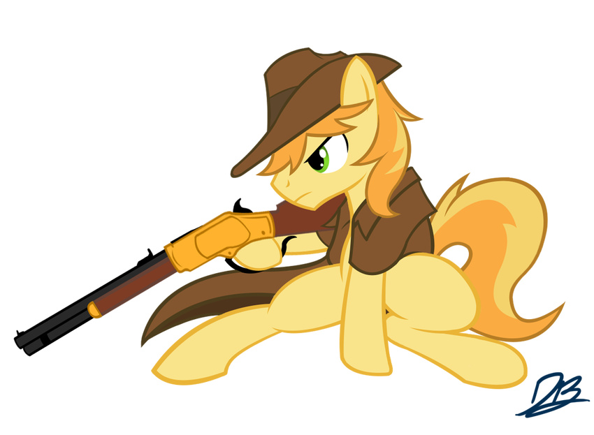 blonde_hair braeburn_(mlp) clothed clothing divebomb5 earth_pony equine friendship_is_magic green_eyes gun hair hat horse jacket male mammal my_little_pony pony ranged_weapon rifle simple_background solo weapon