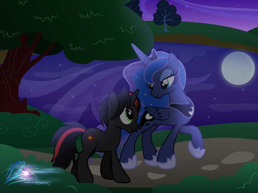 2014 absurd_res blue_eyes blue_feathers blue_fur blue_hair crown cutie_mark duo equine eye_contact fan_character feathered_wings feathers female feral friendship_is_magic fur grass hair hi_res horn jewelry landscape mammal moon my_little_pony nature necklace nightmaremoons outside plant princess_luna_(mlp) sky smile star tree winged_unicorn wings