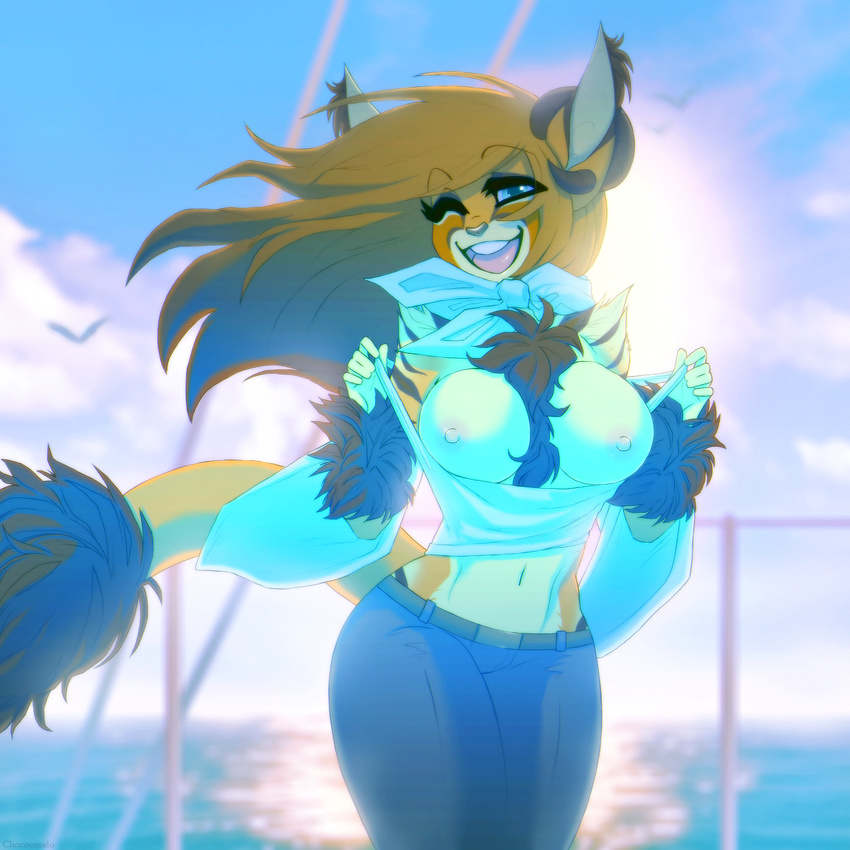 anthro areola breasts caprine chest_tuft chococosalo feline female flashing hi_res horn hybrid looking_at_viewer mammal navel nipples one_eye_closed open_mouth outside smile solo teeth tongue tuft wide_hips