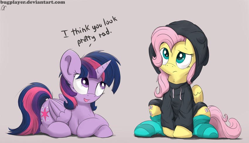 2016 bugplayer clothed clothing crossed_legs cutie_mark dialogue duo english_text equine female feral fluttershy_(mlp) friendship_is_magic frown grey_background hair hi_res hoodie horn legwear lying mammal multicolored_hair my_little_pony on_front open_mouth pegasus pink_hair purple_eyes simple_background sitting smile socks striped_legwear stripes text twilight_sparkle_(mlp) winged_unicorn wings