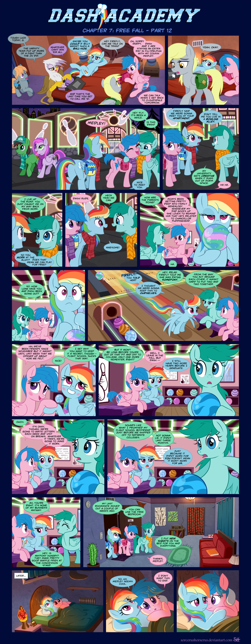 2016 absurd_res avian bag bed comic derpy_hooves_(mlp) dialogue equine female firefly_(pre-g4) friendship_is_magic gilda_(mlp) gryphon hi_res lying mammal my_little_pony pegasus rainbow_dash_(mlp) scarf sorcerushorserus wings