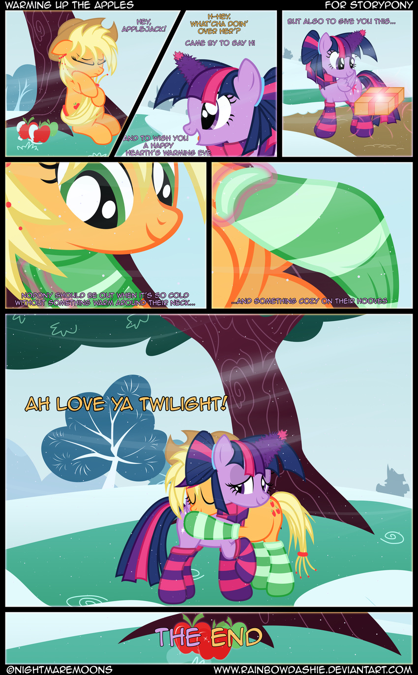 2014 absurd_res apple applejack_(mlp) blonde_hair christmas clothing comic cowboy_hat cutie_mark dialogue duo earth_pony english_text equine feathered_wings feathers female feral food friendship_is_magic fruit fur gift grass green_eyes hair hat hi_res holidays horn horse hug mammal multicolored_hair my_little_pony nightmaremoons orange_fur outside pony purple_eyes purple_feathers purple_fur scarf smile snow text tree twilight_sparkle_(mlp) winged_unicorn wings winter