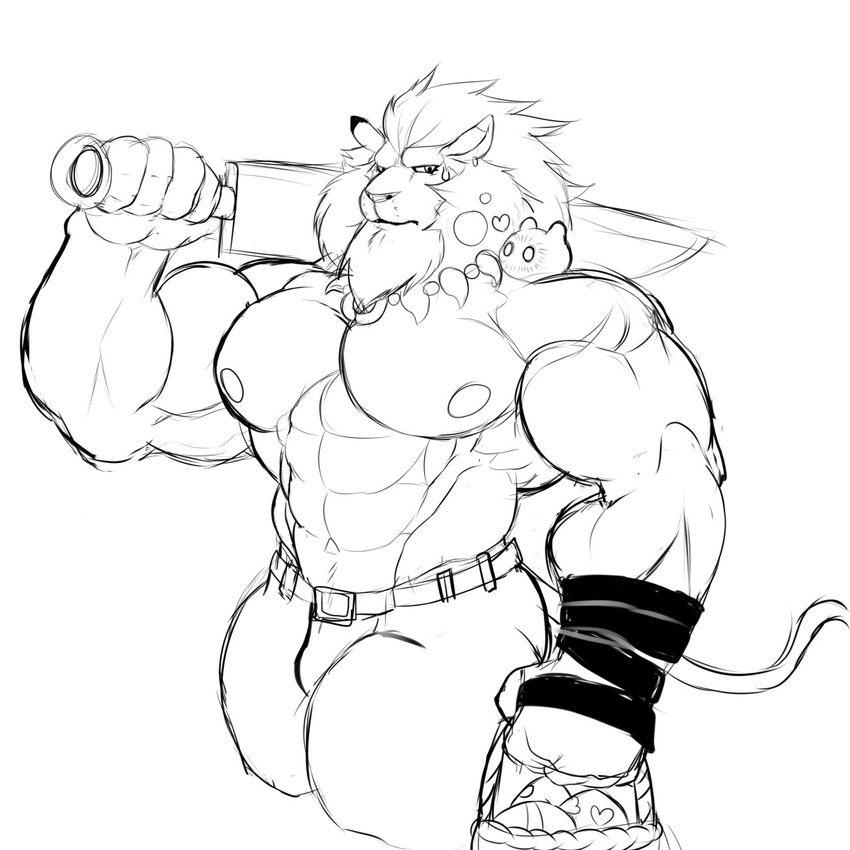 &lt;3 abs anthro beard biceps black_lips clothed clothing demondragoncyan digimon facial_hair feline hi_res invalid_tag lemon lion looking_at_viewer male mammal mane melee_weapon monochrome muscular nipples pecs sword topless weapon