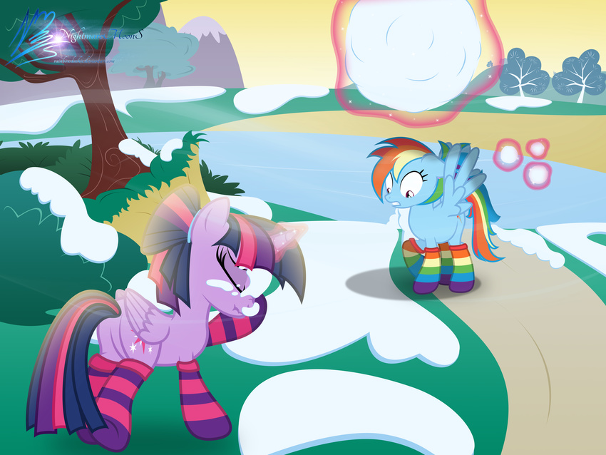 2014 absurd_res alternate_hairstyle blue_fur bush clothing cutie_mark duo equine eyes_closed feathered_wings feathers female friendship_is_magic fur grass hair hi_res horn legwear magic mammal mountain multicolored_hair my_little_pony nightmaremoons outside pegasus purple_feathers purple_fur purple_hair rainbow_dash_(mlp) rainbow_hair red_eyes sky snow snowball socks tree twilight_sparkle_(mlp) water winged_unicorn wings winter