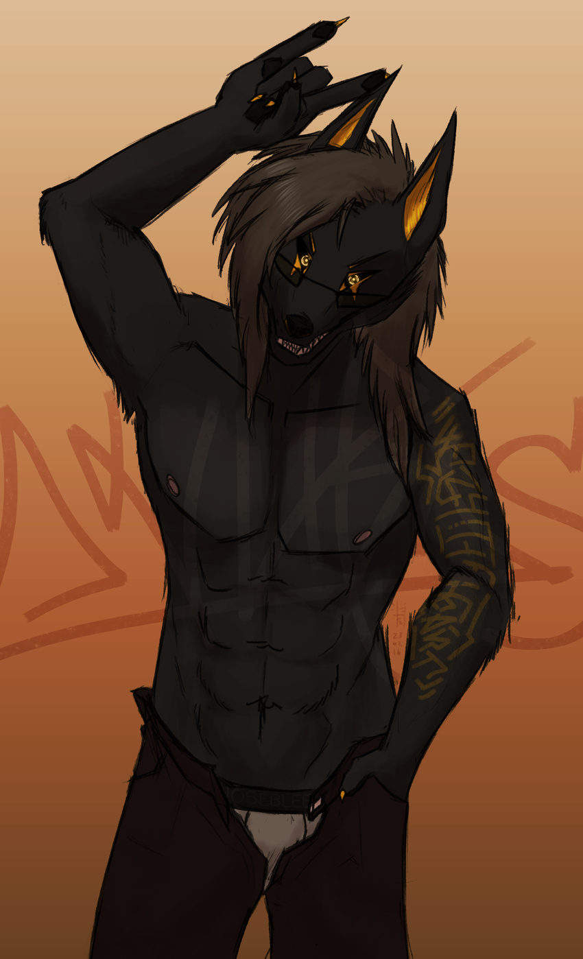 2016 abs absurd_res anthro anu anubian_jackal anubis black_fur black_sclera briefs canine clothing cybernetics deity digital_media_(artwork) egyptian fur graffiti hair hairstyle hand_in_pocket hi_res jackal kavaeric long_hair looking_at_viewer machine male mammal markings muscular nipples open_mouth p700 pants punk rockgods science_fiction simple_background smile solo tattoo teeth underwear