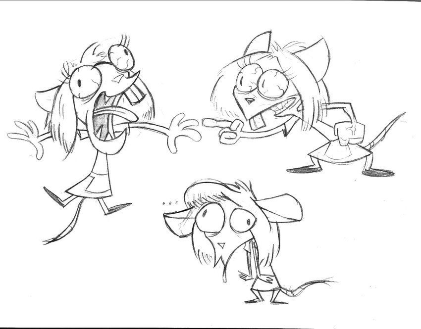 ... anthro black_and_white bloodshot_eyes buckteeth endtown eyelashes female hair holly_hollister insanatee insane mammal monochrome mouse pointing ren_and_stimpy rodent solo style_parody teeth tongue tongue_out