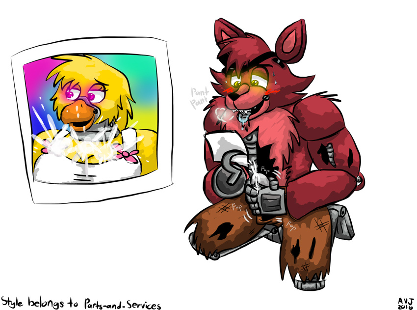 2016 anthro avj_(artist) blush chica_(fnaf) cum erection female five_nights_at_freddy's foxy_(fnaf) male masturbation penile_masturbation penis video_games