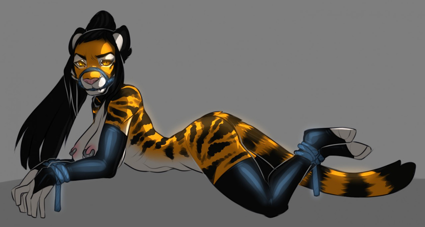 anthro areola arm_warmers big_breasts breasts clothing feline female ghostli legwear looking_at_viewer lying mammal nipple_piercing nipples on_front piercing reins rope rubber simple_background solo striped_tail thigh_highs