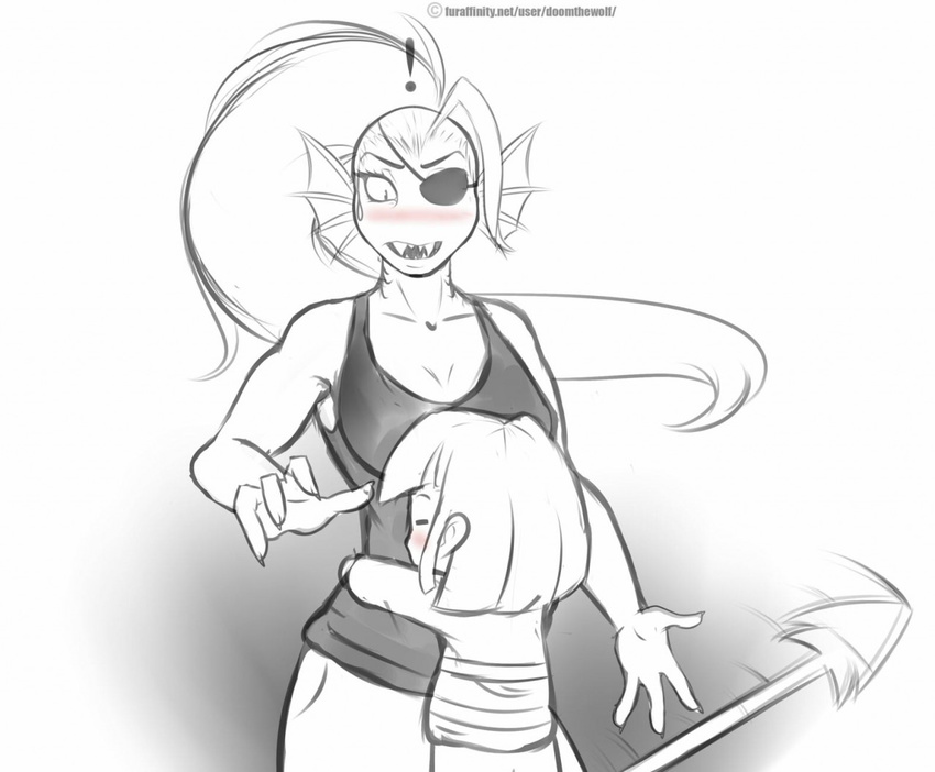 ! 2016 ambiguous_gender anthro blush breasts claws clothing doomthewolf duo english_text eyes_closed female fin fish hair hug human long_hair mammal marine melee_weapon open_mouth pants polearm protagonist_(undertale) sharp_teeth shirt simple_background size_difference sketch spear sweat tank_top teeth text undertale undyne video_games weapon white_background