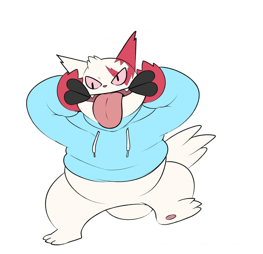 2016 ambiguous_gender black_claws black_eyes bottomless claws clothed clothing eroborus featureless_crotch feral fur hi_res nintendo open_mouth pawpads pok&eacute;mon raised_leg red_fur red_sclera simple_background solo sweater tongue tongue_out video_games white_background white_fur zangoose
