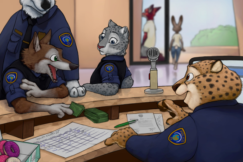 anthro benjamin_clawhauser betting blue_eyes canine cheetah clothing coyote disney doughnut feline female food fox fur gambling green_eyes grey_fur ipoke judy_hopps lagomorph leopard long_ears male mammal microphone money necktie nick_wilde office_pool pen police rabbit smile snow_leopard uniform wolf zootopia