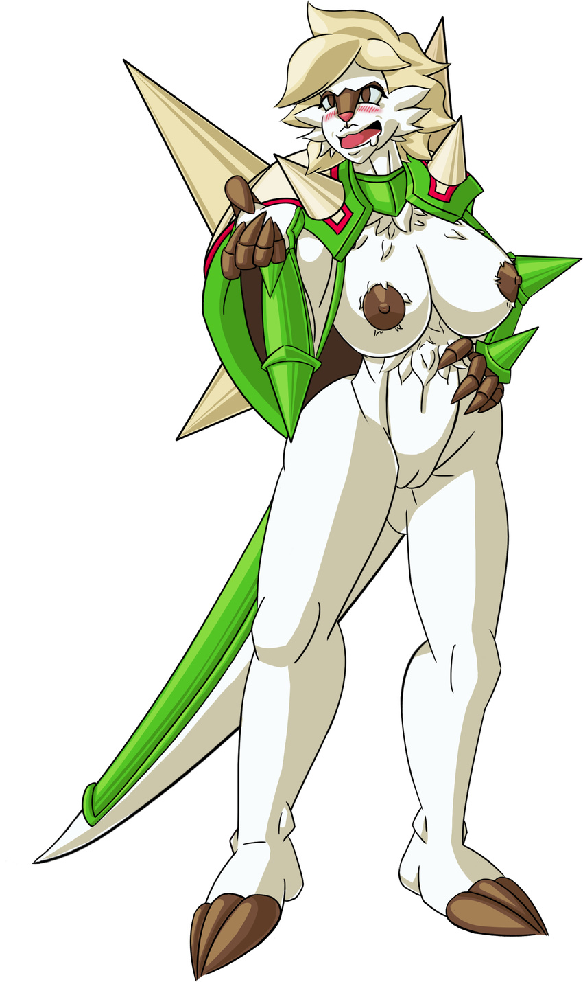 absurd_res anthro areola armor big_breasts blush breasts brown_eyes chesnaught chest_tuft claws drooling fan_character female fight fluffy forbiddenknights2 fur grass hair hand_on_hip hi_res huge_breasts humanoid light_hair_hair lips mammal mature navel nintendo nipples nude open_mouth pok&eacute;mon pussy saliva sexpression shell simple_background smile solo spikes standing thick_thighs tongue tuft video_games