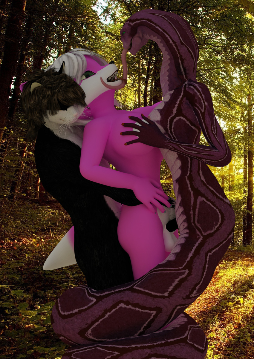 3d_(artwork) anal angry_cat anthro balls big_breasts black_fur black_penis breast_grab breasts brown_hair cgi cobra coiling dickgirl digital_media_(artwork) female forest from_behind_position fur group group_sex hair hand_on_breast hi_res humanoid_penis intersex lamia male naga penetration penis pink_fur reptile scalie sex snake standing threesome tongue tongue_out tree vaginal white_hair yuni_hermit