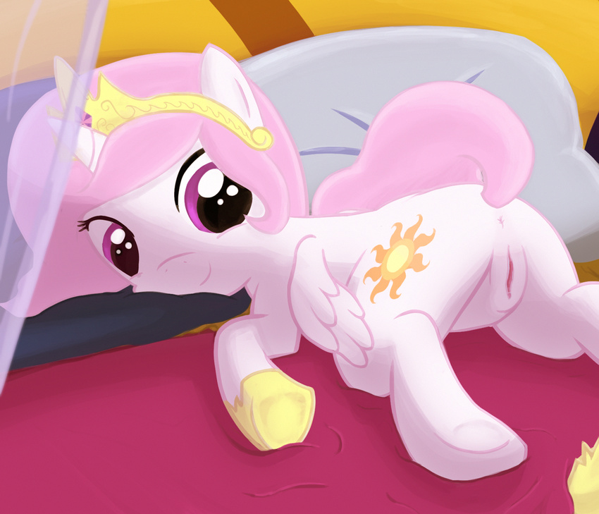 2016 butt cub cutie_mark detailed_background equine feathered_wings feathers female feral friendship_is_magic fur hair hi_res horn lying mammal my_little_pony pillow presenting princess_celestia_(mlp) purple_eyes pussy sadieyule smile solo spread_legs spreading white_fur winged_unicorn wings young