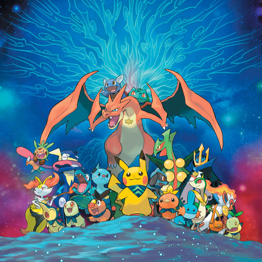 2015 2016 :&lt; absurd_res ambiguous_gender badge bag black_eyes blue_eyes braixen brown_eyes bulbasaur charizard chespin chikorita cosmos cover_art cyndaquil dewott empoleon expedition_badge fire greninja group harmony_scarf hi_res hill infernape ken_sugimori long_tongue mega_charizard mega_charizard_y mega_evolution mega_sceptile messenger_bag mountain mudkip nintendo official_art pikachu pok&eacute;mon pokemon_super_mystery_dungeon red_eyes riolu scarf servine smile space standing tepig tongue torchic totodile tree_branch tree_of_life turtwig twig video_games wartortle