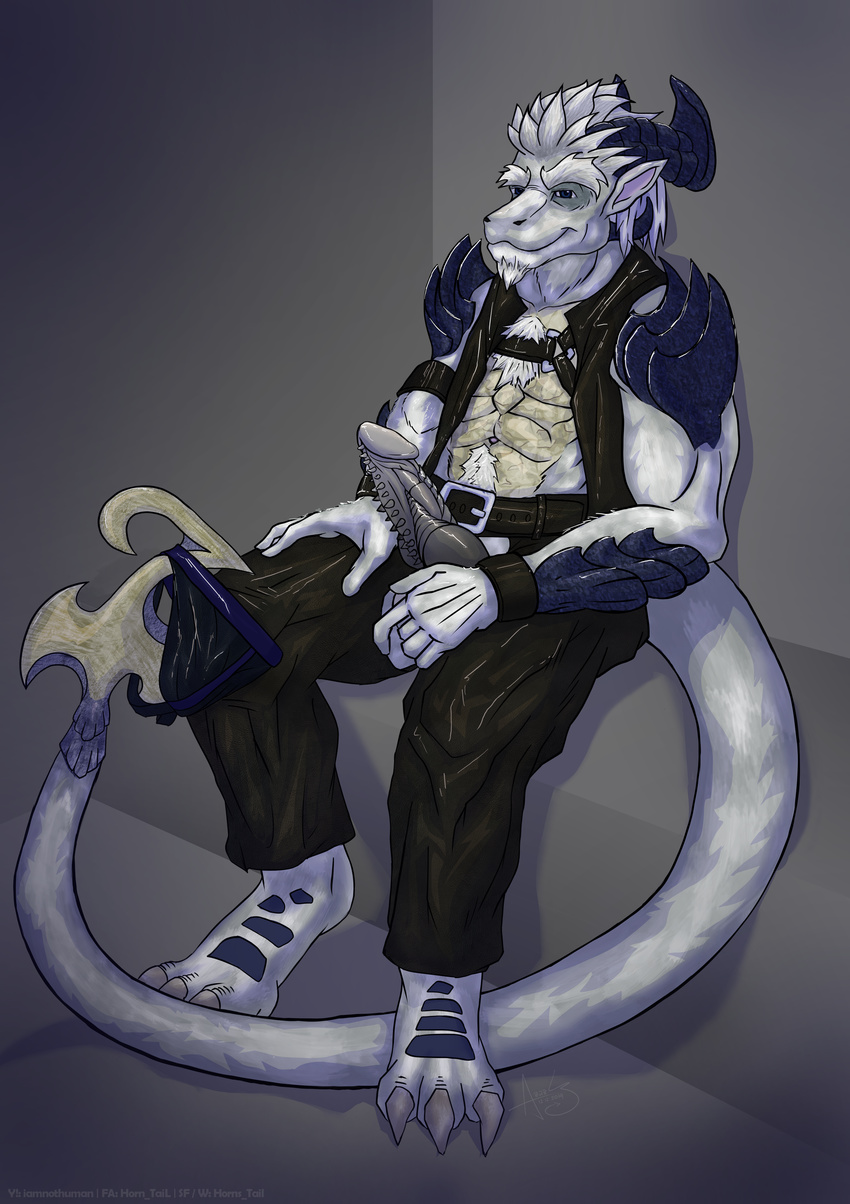 absurd_res bracelet dragon father hair harness hi_res horn horn-tail_(artist) jewelry leather leather_pants male muscular parent pecs penis pinup pose presenting smaller_version_at_the_source solo