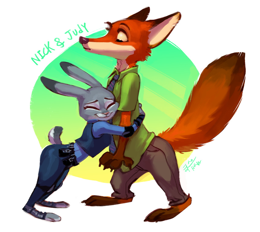 2016 abstract_background anthro black_nose canine clothing couple cute digital_media_(artwork) disney duo erudier eyes_closed female flat_chested fox fur grey_fur grey_tail hi_res hug judy_hopps lagomorph male mammal multicolored_fur necktie nick_wilde orange_fur orange_tail pants pink_nose police_uniform rabbit raised_tail shirt short_tail signature smile surprise tight_clothing uniform utility_belt zootopia