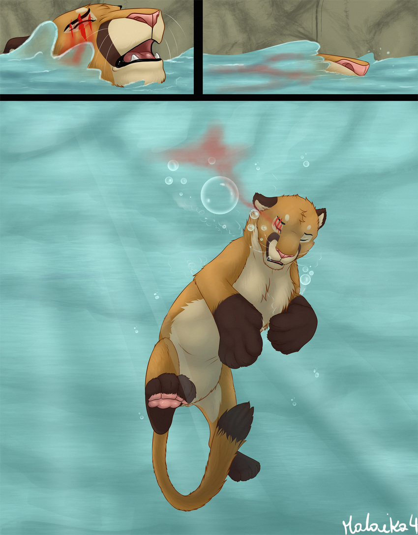 asphyxiation blood cat comic cougar digital_media_(artwork) drowning feline feral hi_res malaika4 mammal skan_drake the_monster_within unconscious violence water