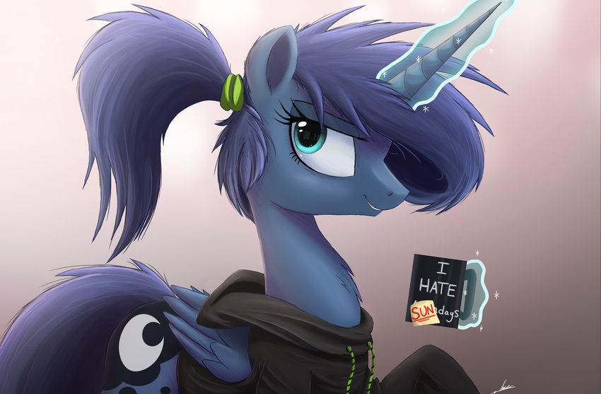 2016 blue_fur blue_hair clothed clothing cup cutie_mark english_text equine female feral friendship_is_magic fur glowing hair hi_res hoodie horn levitation looking_at_viewer magic mammal my_little_pony ncmares ponytail princess_luna_(mlp) smile solo text winged_unicorn wings