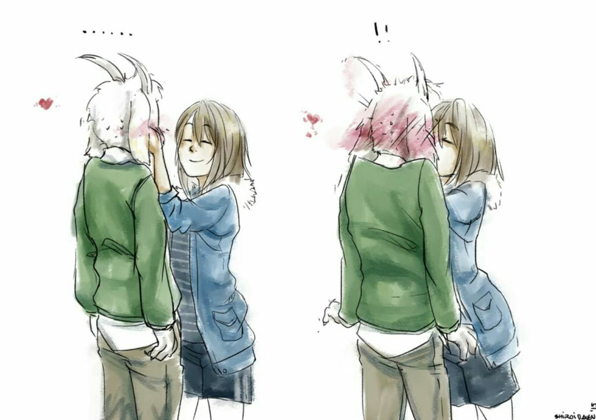 ! &lt;3 ... anthro asriel_dreemurr blush boss_monster caprine clothing cute duo flustered fondling fur goat happy hi_res horn human jacket kissing long_ears male mammal multiple_images petting protagonist_(undertale) shirt shorts shy signature simple_background smile surprise sweater undertale unknown_artist video_games white_background white_fur