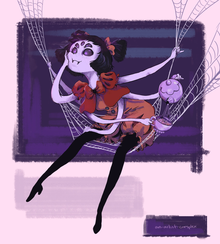 an-artist-complex_(artist) anthro arachnid arthropod black_hair clothing dress fangs female grey_skin hair hair_bow hair_ribbon hi_res muffet multi_arm multi_eye multi_limb noseless purple_eyes ribbons sitting smile solo spider tea_cup tea_pot undertale video_games