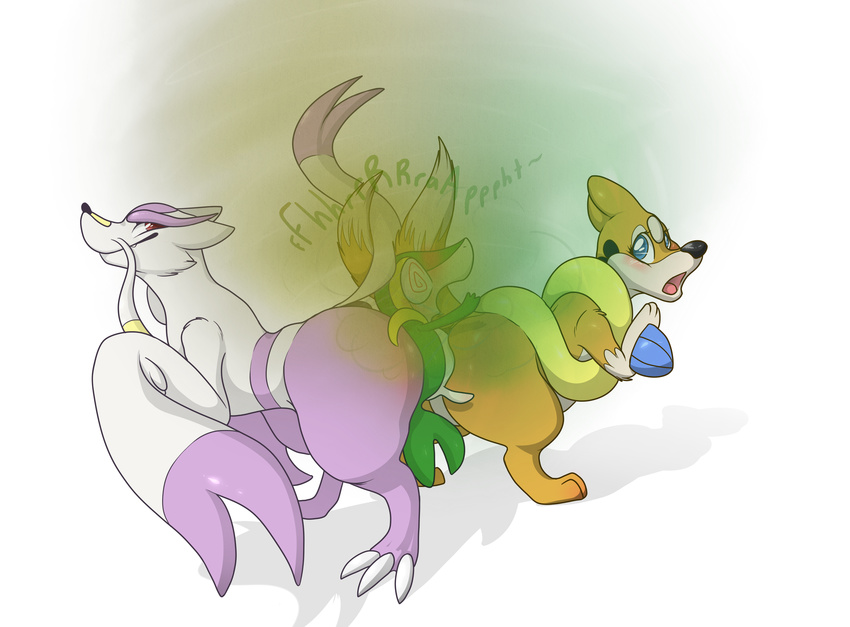 2016 backsash big_butt black_nose blue_eyes blush butt butt_squish digital_media_(artwork) fart fart_fetish female feral floatzel fur group hi_res looking_back mammal mienshao mustelid nintendo open_mouth pok&eacute;mon red_eyes reptile scalie simple_background size_difference smile snivy tongue video_games white_background