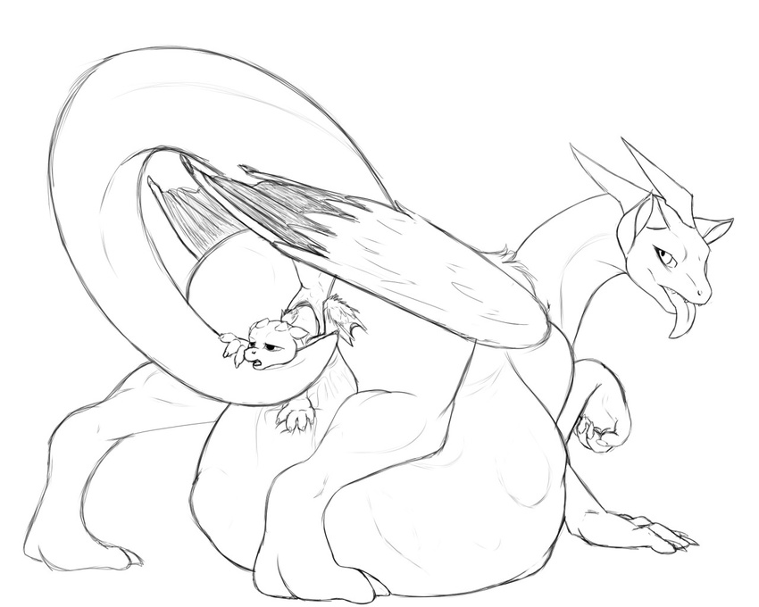 2016 ambiguous_gender baby belly big_belly big_butt birth butt claws dragon duo feathered_wings feathers female feral half-closed_eyes horn hyper hyper_belly looking_back m-p-l monochrome mother parent pregnant pussy pussy_juice raised_leg raised_tail rear_view scalie size_difference sketch teeth toe_claws tongue tongue_out wings young