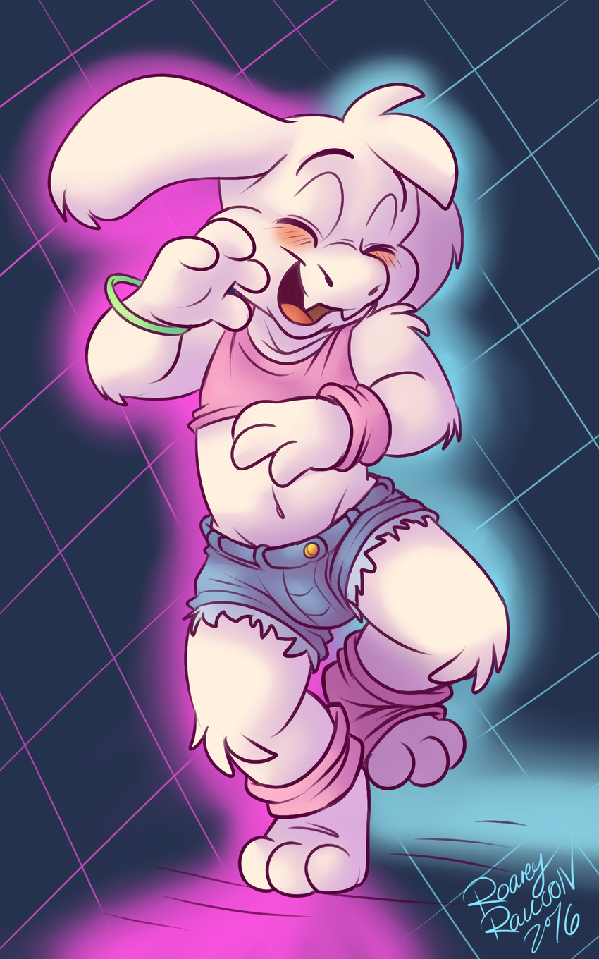 2016 absurd_res anthro asriel_dreemurr blush bracelet caprine clothing crop_top cub dancing disco eyes_closed front_view girly goat hi_res jewelry male mammal midriff open_mouth roarey_raccoon shirt shorts signature simple_background smile solo undertale video_games young