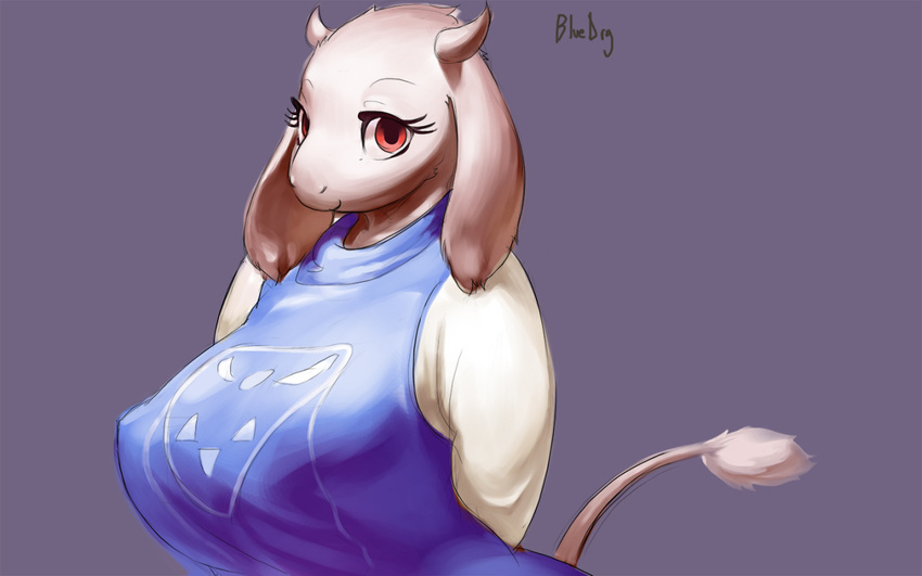16:10 2016 anthro big_breasts bluedrg19 boss_monster breasts caprine clothed clothing female goat horn huge_breasts long_ears mammal simple_background smile solo toriel undertale video_games