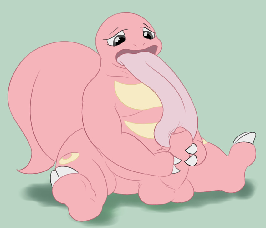 anthro autofellatio balls claws erection humanoid_penis licking licking_self lickitung male masturbation navel nintendo nude open_mouth oral partially_retracted_foreskin penile_masturbation penis pok&eacute;mon posexe presenting simple_background sitting slightly_chubby solo spread_legs spreading toe_claws tongue tongue_out uncut video_games