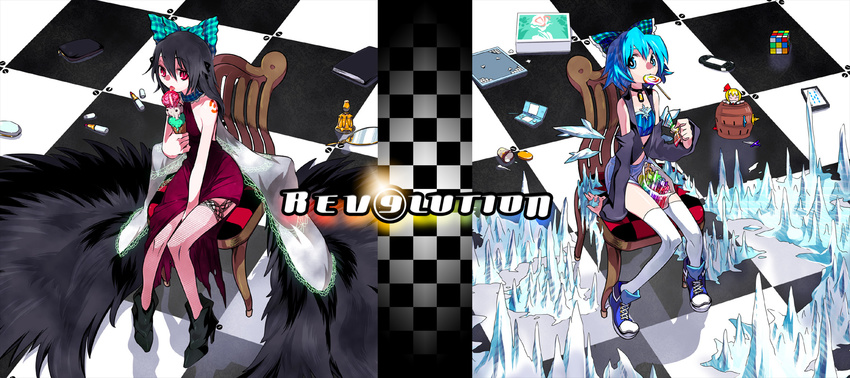 album_cover alternate_costume bad_id bad_pixiv_id bare_shoulders black_hair black_wings blue_eyes blue_hair bow cameo candy cape chair checkered checkered_floor cirno contemporary cover eating fishnet_legwear fishnets food hair_bow handheld_game_console highres ice ice_cream licking lipstick lollipop makeup mouth_hold multiple_girls nintendo_ds playstation_portable red_eyes reiuji_utsuho rubik's_cube rumia short_shorts shorts sitting swirl_lollipop thighhighs touhou toy tsuru_(clainman) wings