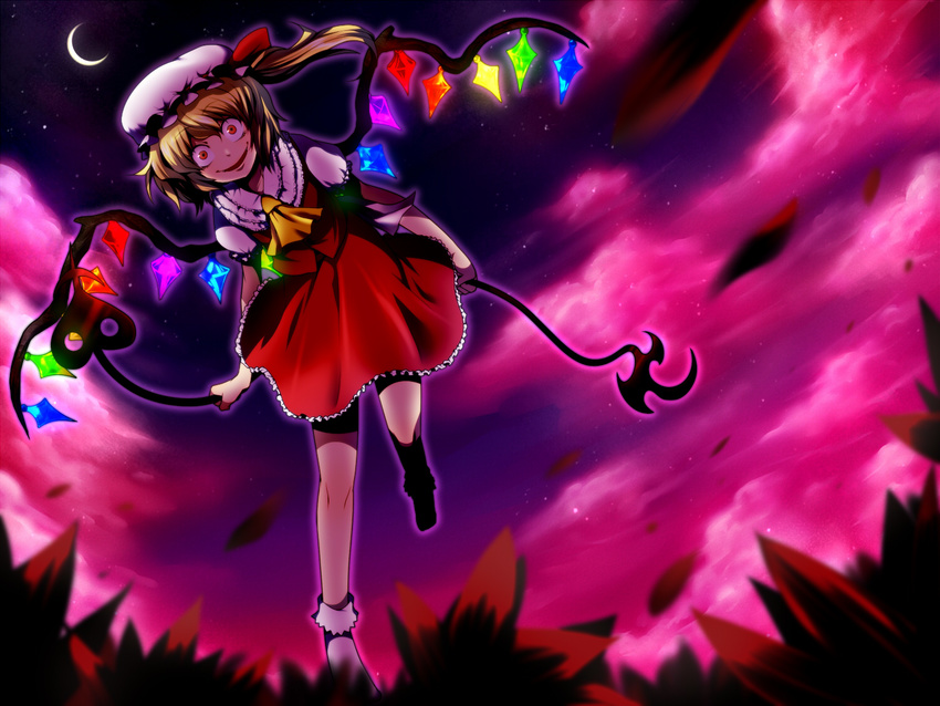 blonde_hair cha_kuro_(limo) cloud crazy_eyes crazy_smile flandre_scarlet from_below grass hat laevatein moon night night_sky red_eyes ribbon short_hair side_ponytail sky solo touhou wind wings
