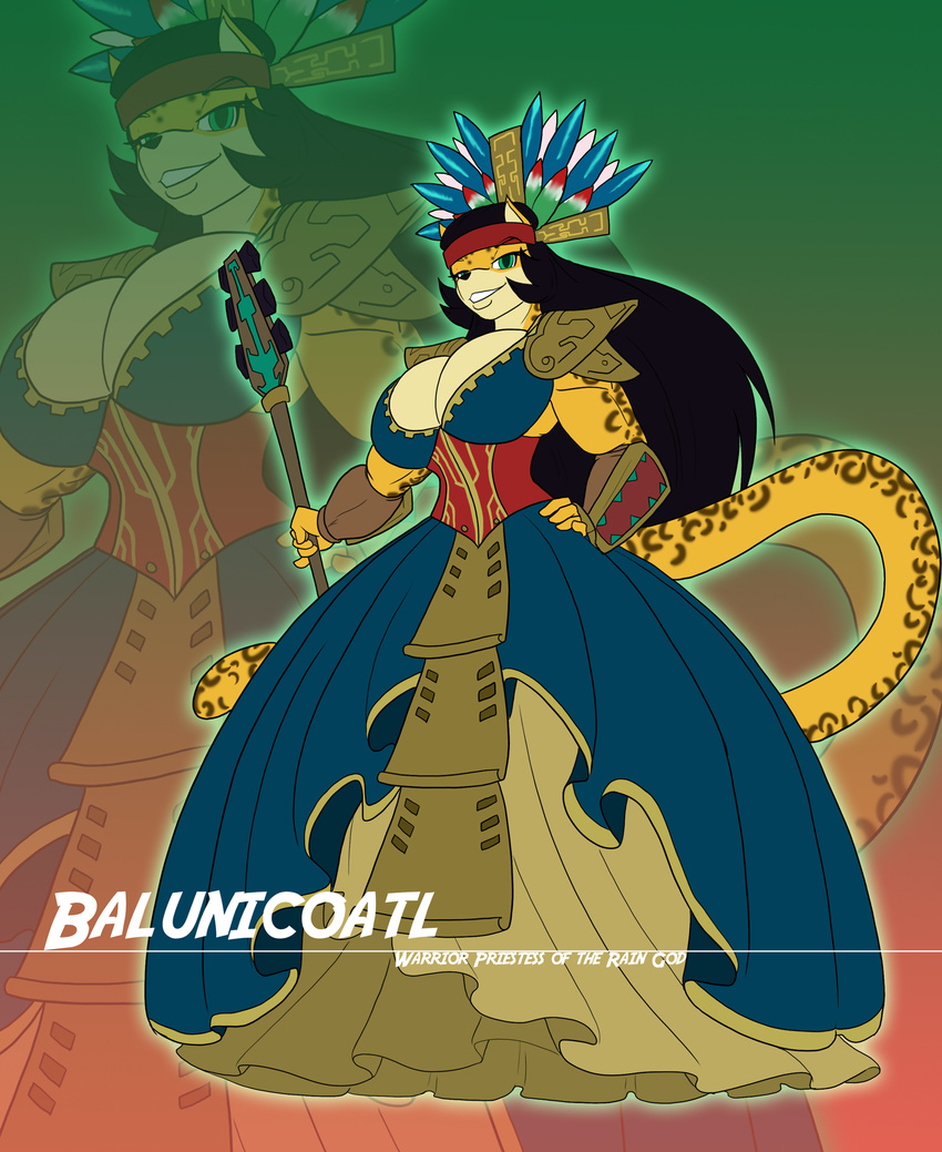 anthro armor ball_gown big_breasts big_muscles breasts clothed clothing digital_media_(artwork) feline female full-length_portrait hi_res jaguar mammal mayan melee_weapon muscular muscular_female polearm portrait solo spear toughset weapon