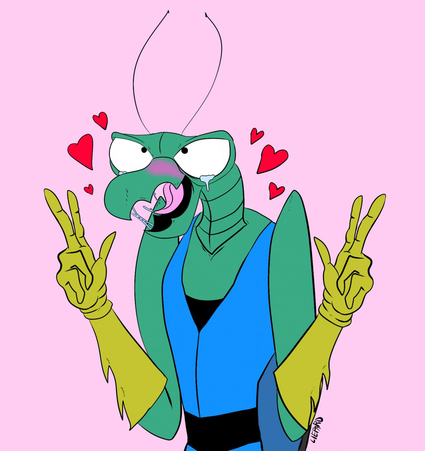 &lt;3 adult_swim ahegao antennae anthro arthropod blush clothing drooling eyes_rolled_back gloves hi_res insect liepard_(artist) looking_pleasured male mantis nintendo open_mouth saliva solo space_ghost tears tongue tongue_out vest video_games zorak