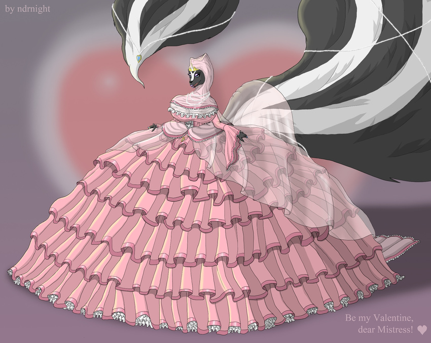 anthro clothed clothing crown dress female fluffy_tail fully_clothed gem hi_res hood huge_tail mammal ndrnight_(artist) princess princess_dress royalty skunk solo tiara