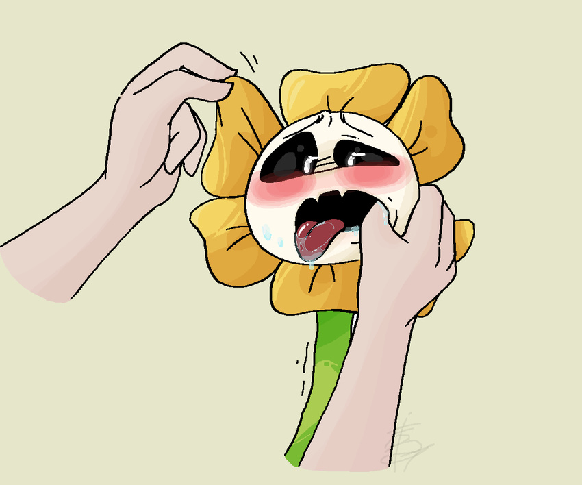 blush disembodied_hand drooling duo finger_in_mouth flora_fauna flowey_the_flower melonpussy monster not_furry petals plant saliva tongue tongue_out undertale video_games