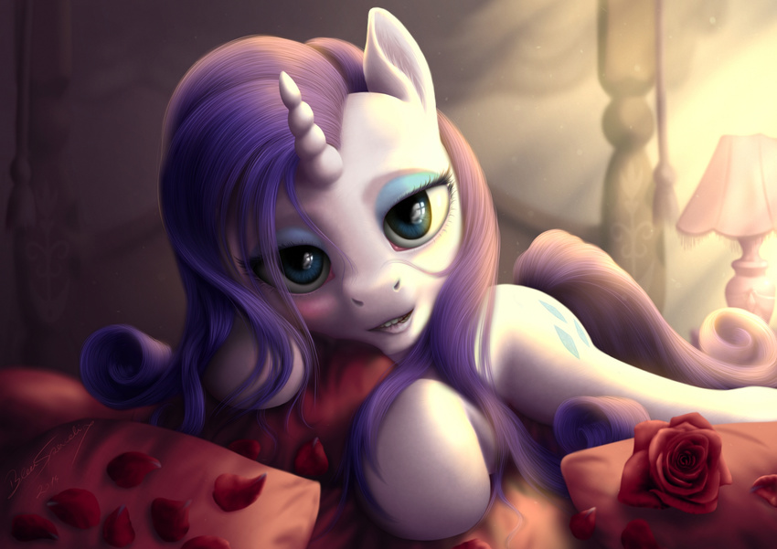 2014 bed blue_eyes bluespaceling cutie_mark equine eyeshadow female feral flower friendship_is_magic fur hair hi_res horn inside lamp long_hair lying makeup mammal my_little_pony on_bed on_front pillow plant purple_hair rarity_(mlp) rose solo unicorn white_fur