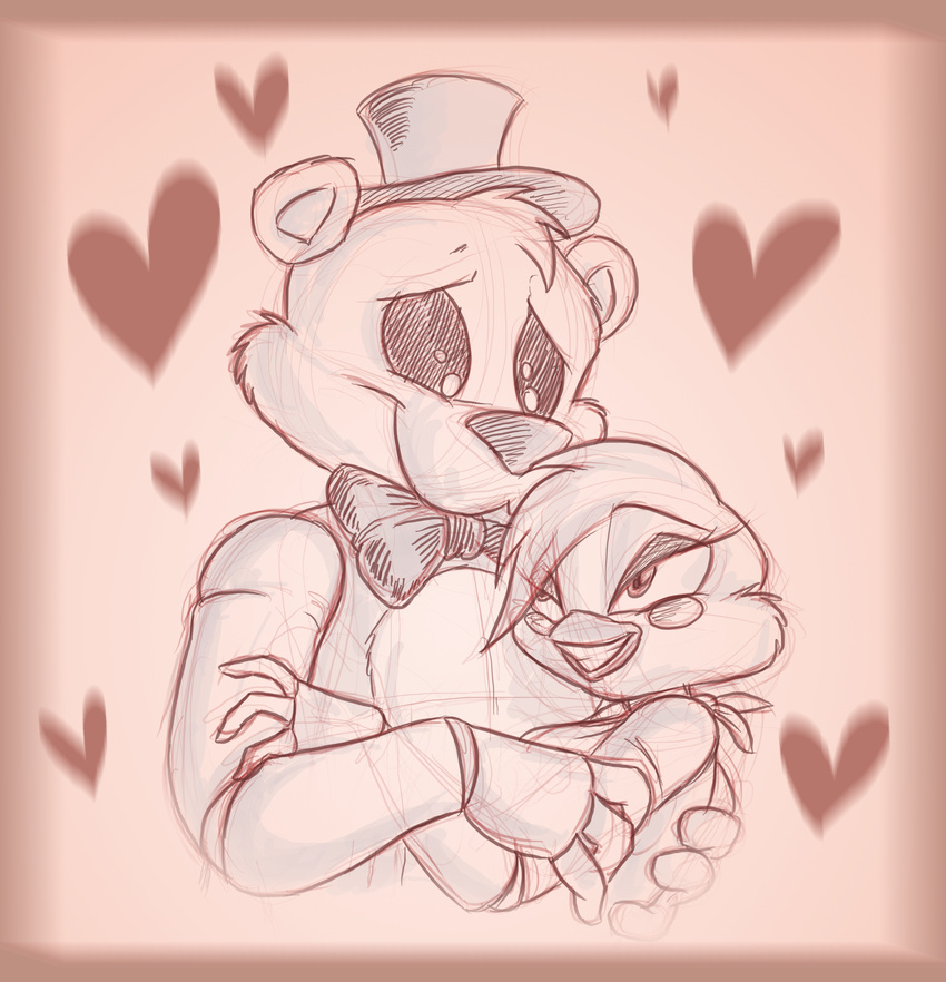 &lt;3 :3 abstract_background absurd_res animatronic avian bear bird chicken duo five_nights_at_freddy's five_nights_at_freddy's_2 glowing glowing_eyes golden_freddy_(fnaf) hi_res holidays machine male mammal robot tonycrynight toy_chica_(fnaf) valentine's_day video_games